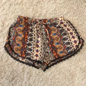 SOLD - Black Tan Creme Tribal Shorts w/ Lace Trim